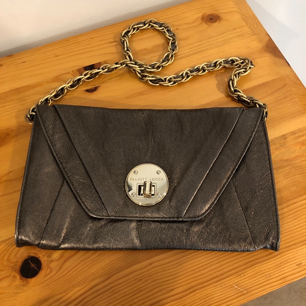 Elliott Lucca Bronze Metallic Envelope Bag, detachable chain handle